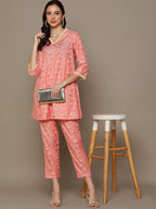 HERE&NOW Orange Floral Printed A-Line Kurta Set | Grocsy