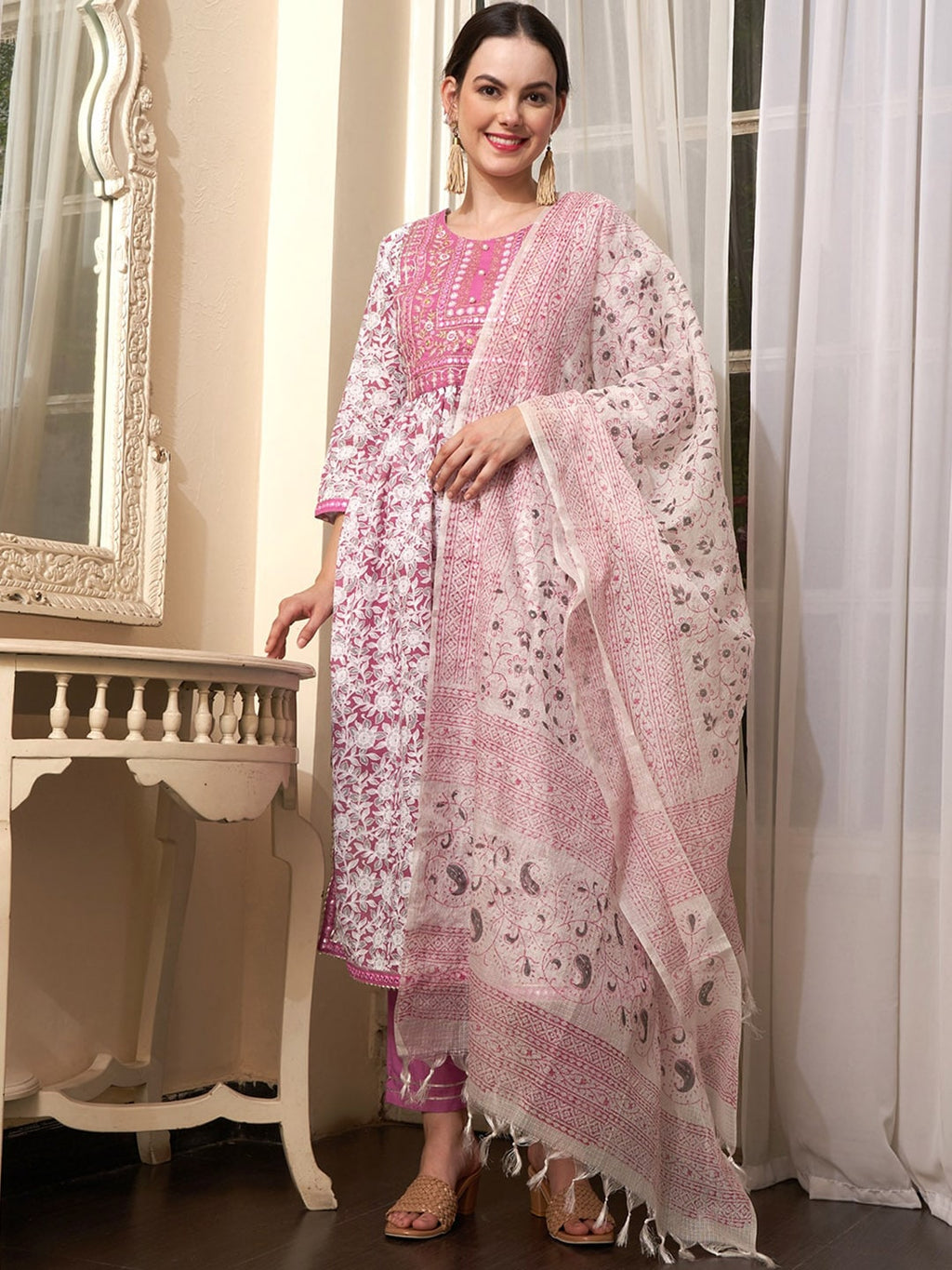 Sangria Mauve Embroidered Straight Pure Cotton Kurta With Trouser & Dupatta | Grocsy