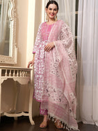 Sangria Mauve Embroidered Straight Pure Cotton Kurta With Trouser & Dupatta | Grocsy