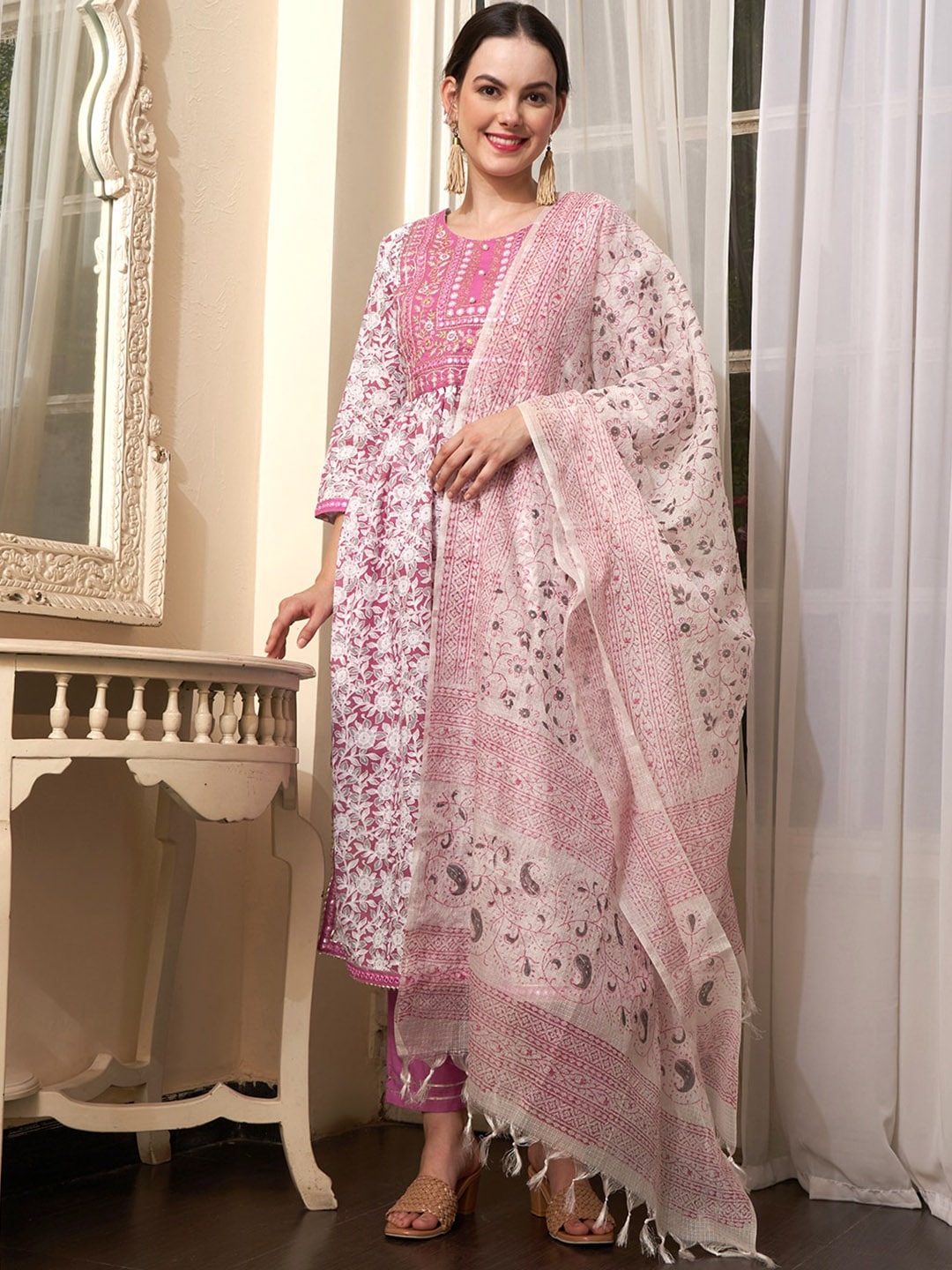 Sangria Mauve Embroidered Straight Pure Cotton Kurta With Trouser & Dupatta | Grocsy