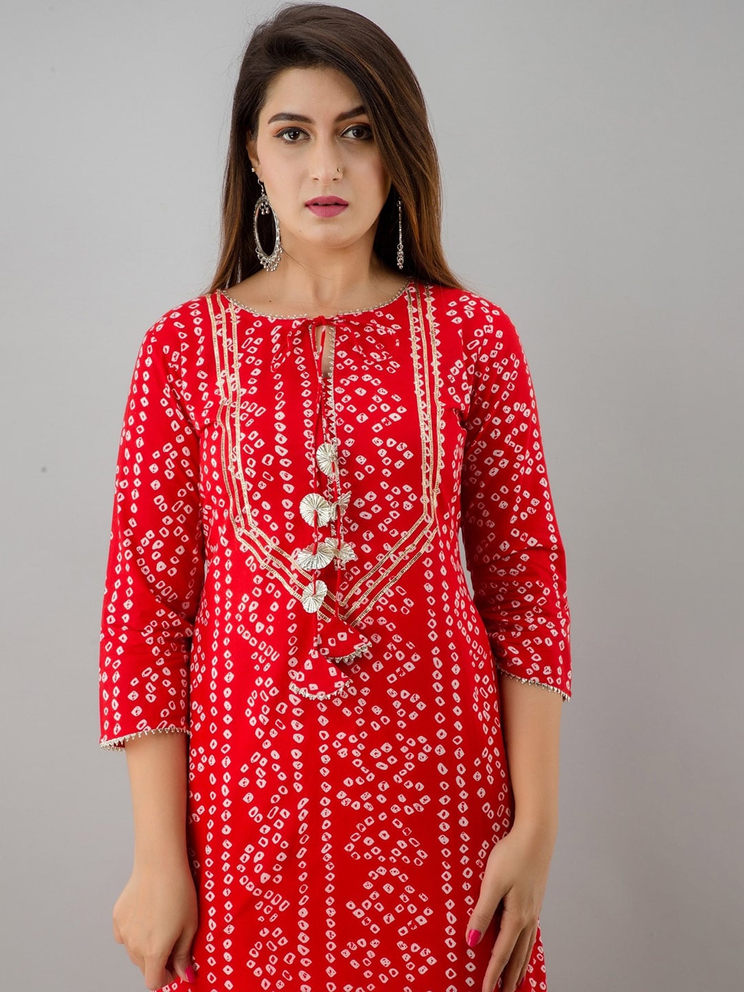 HERE&NOW Red & White Bandhani Printed Gotta Patti Straight Kurta | Grocsy