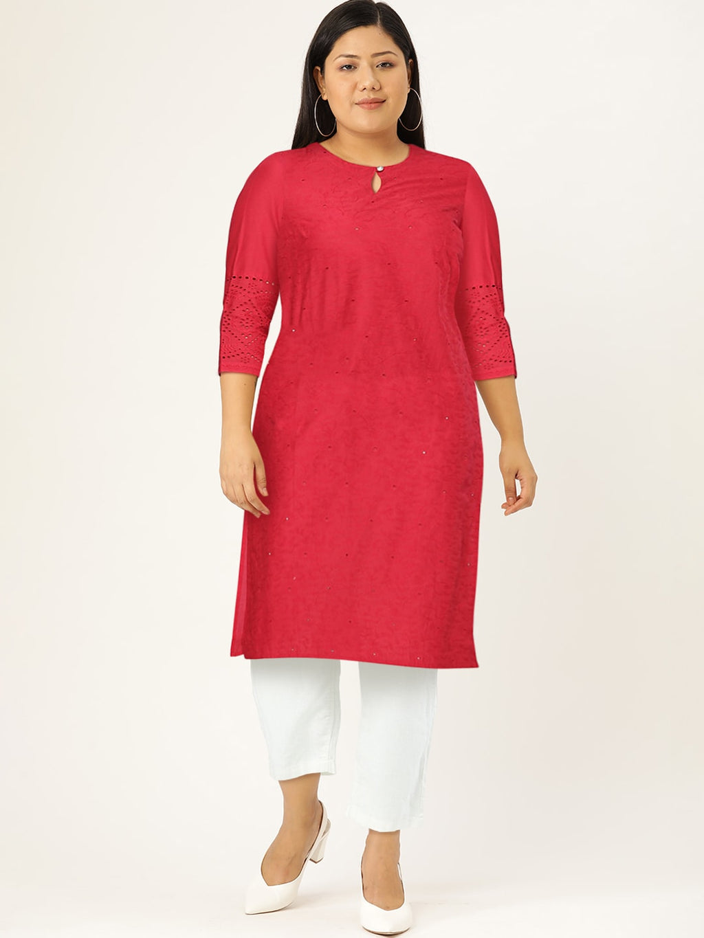 HERE&NOW Women Pure Cotton Floral Embroidered Keyhole Neck Thread Work Kurta | Grocsy