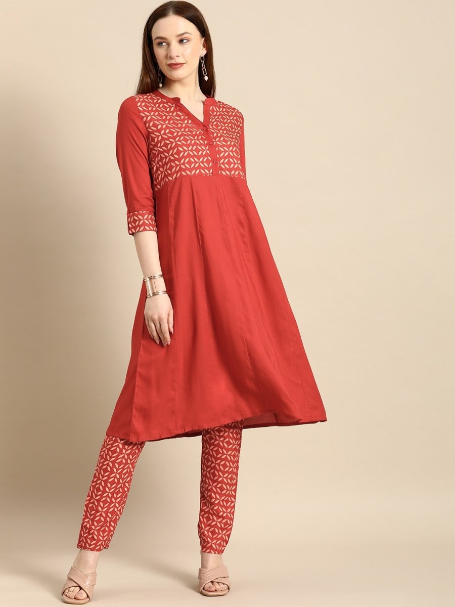 All About You Women Red & Cream Printed Kurta with Trousers | Grocsy