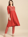 All About You Women Red & Cream Printed Kurta with Trousers | Grocsy