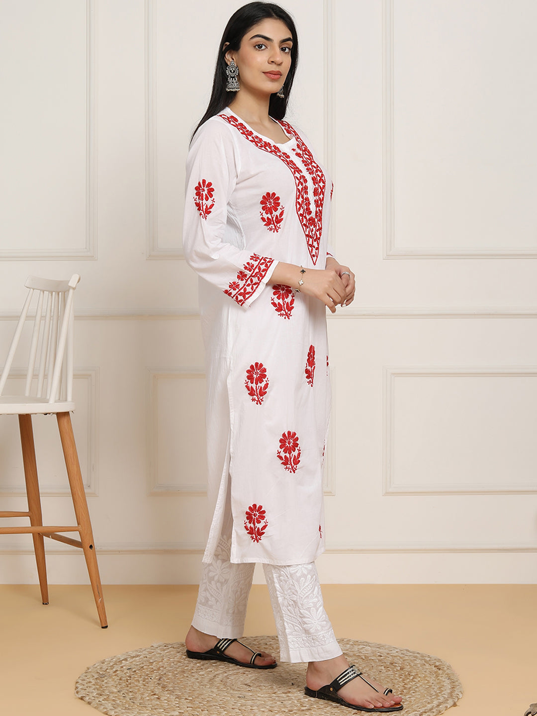 HOUSE OF KARI Women Floral Embroidered Regular Chikankari Pure Cotton Kurta with Trousers | Grocsy