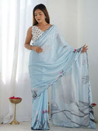 PR Fashion Denim Blue Georgette Digital Print With Mirror Work Saree | Grocsy