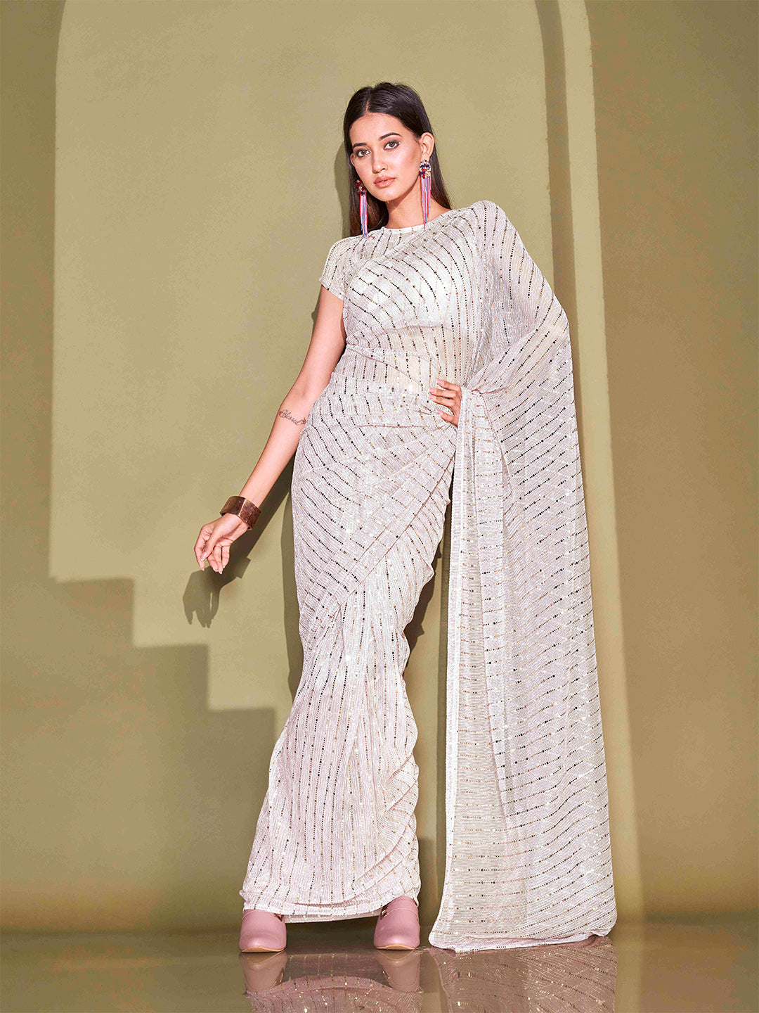Tikhi Imli White Sequinned Embellished Saree | Grocsy
