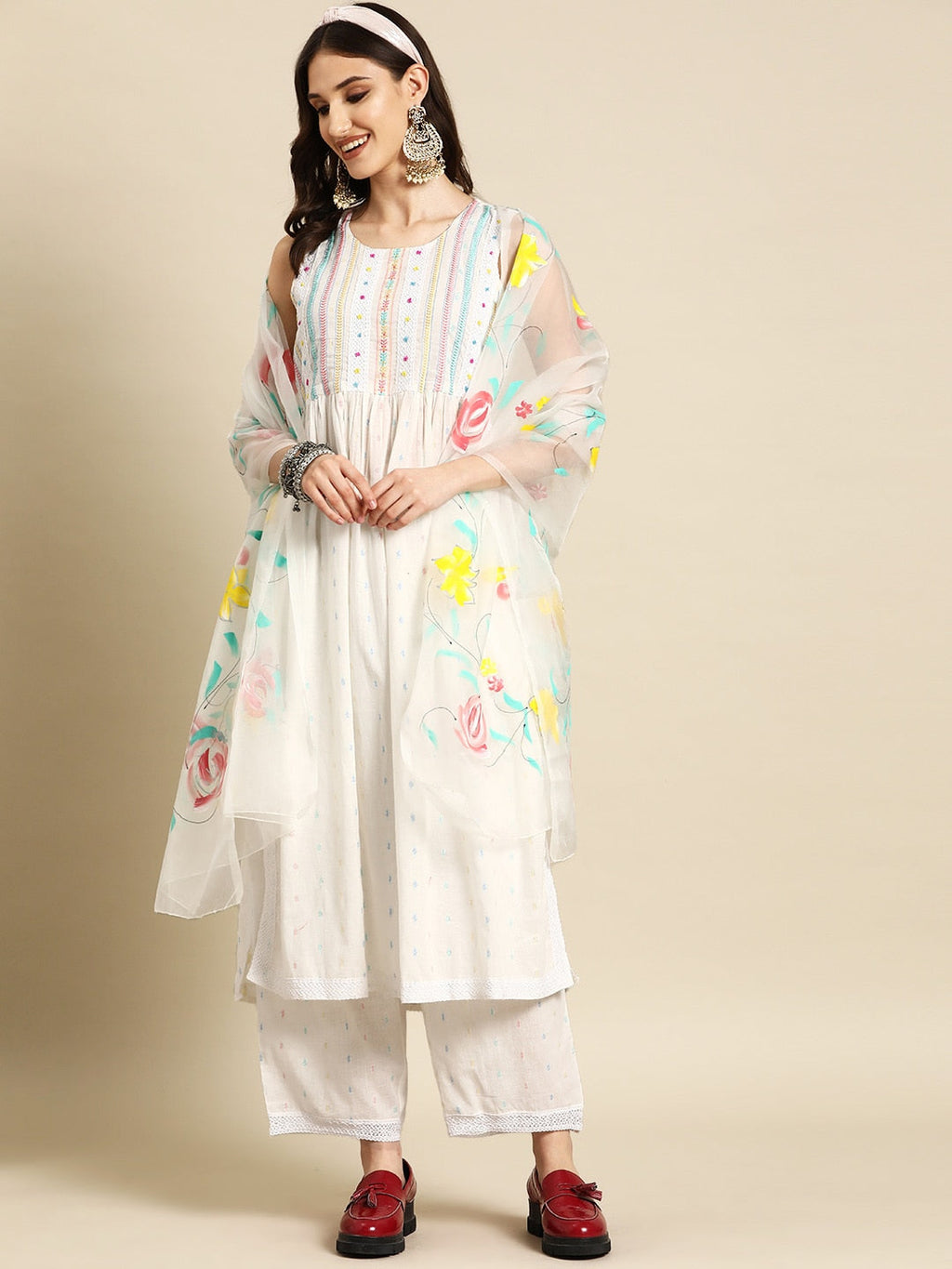 Sangria Women Embroidered Thread Work Pure Cotton Kurta with Palazzos & With Dupatta | Grocsy