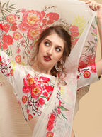 Sangria Off White & Red Floral Satin Designer Saree | Grocsy