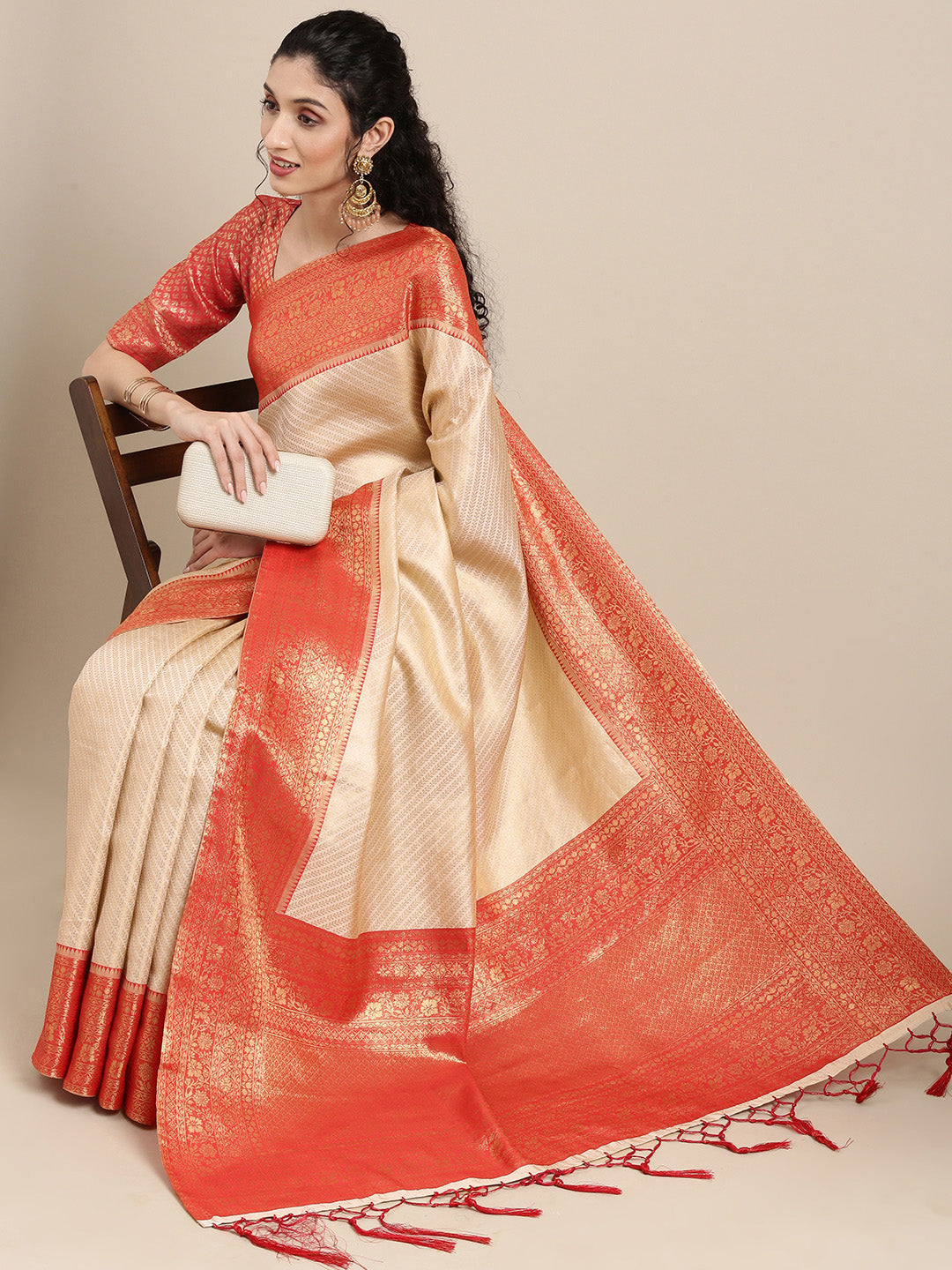 Saree Mall Off White & Red Woven Design Zari Silk Blend Banarasi Saree | Grocsy