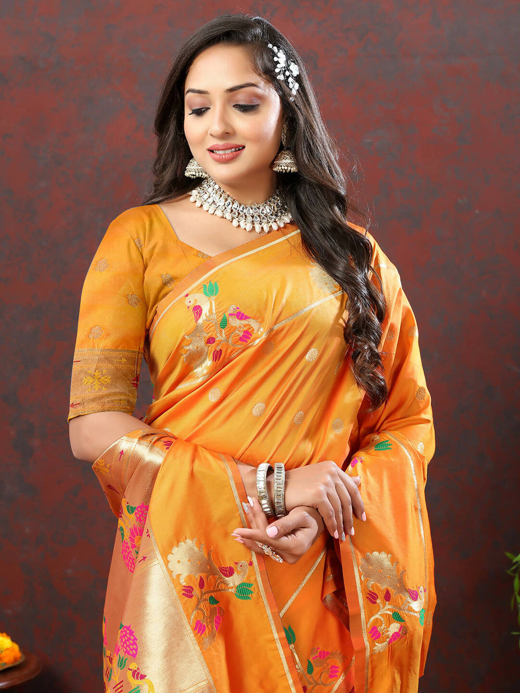 Lorenvalley Fashion Orange Soft Paithani Silk Woven Design Gold Zari Meenakari Weaving Saree | Grocsy