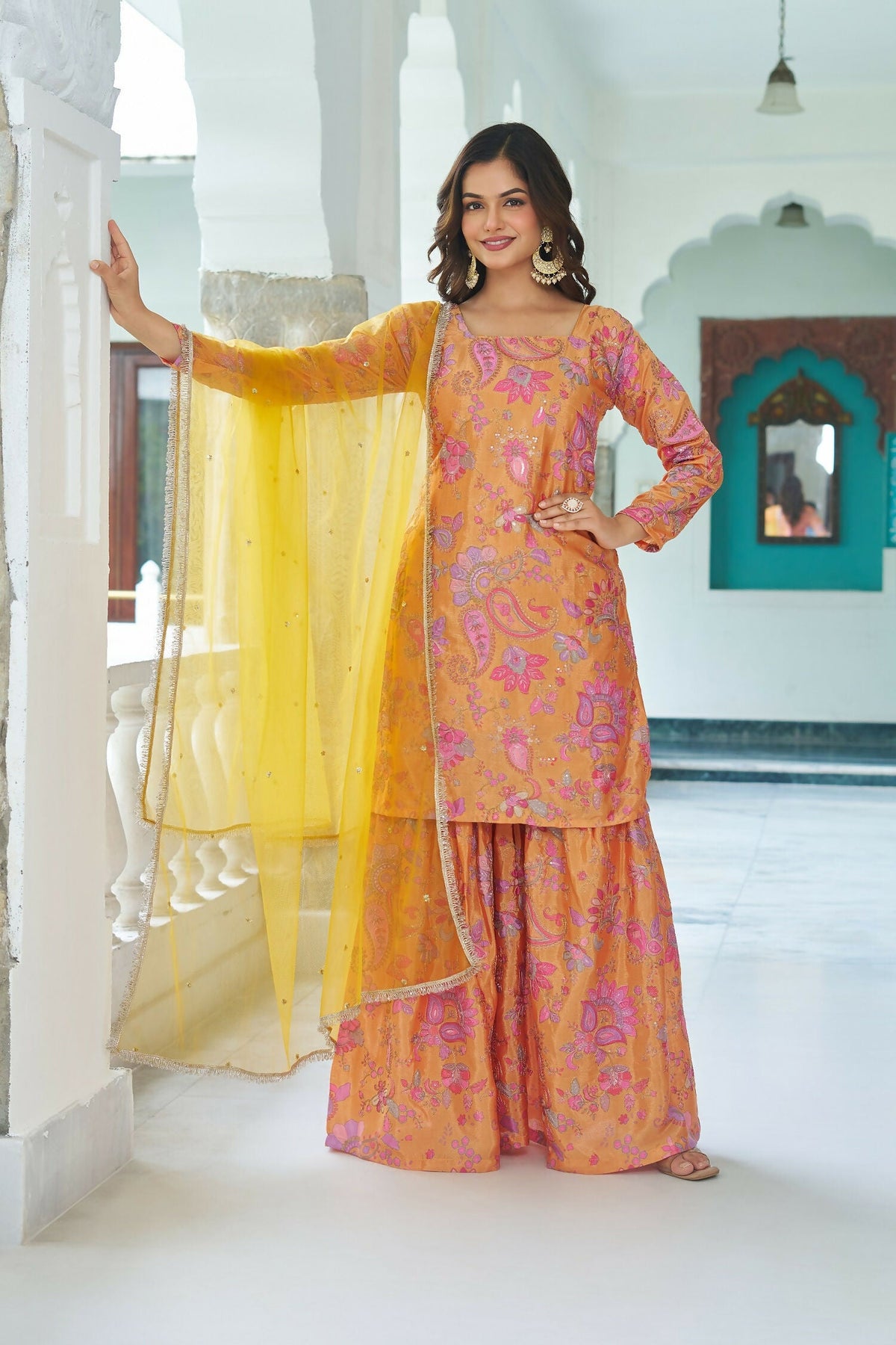 Joban Fashion Yellow Kurta Set Chinnon Embroidery Sequence Work | Grocsy