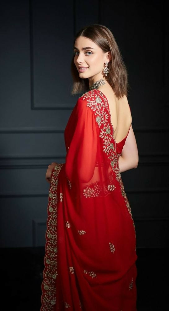 Joban Fashion Red Fandy Satin Silk Party Wear Sarees | Grocsy