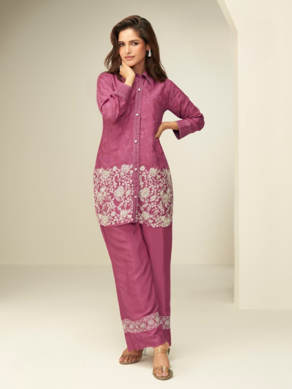 Anaita Magenta Chinon Silk Readymade Co-ords Set with Embroidery Work | Grocsy