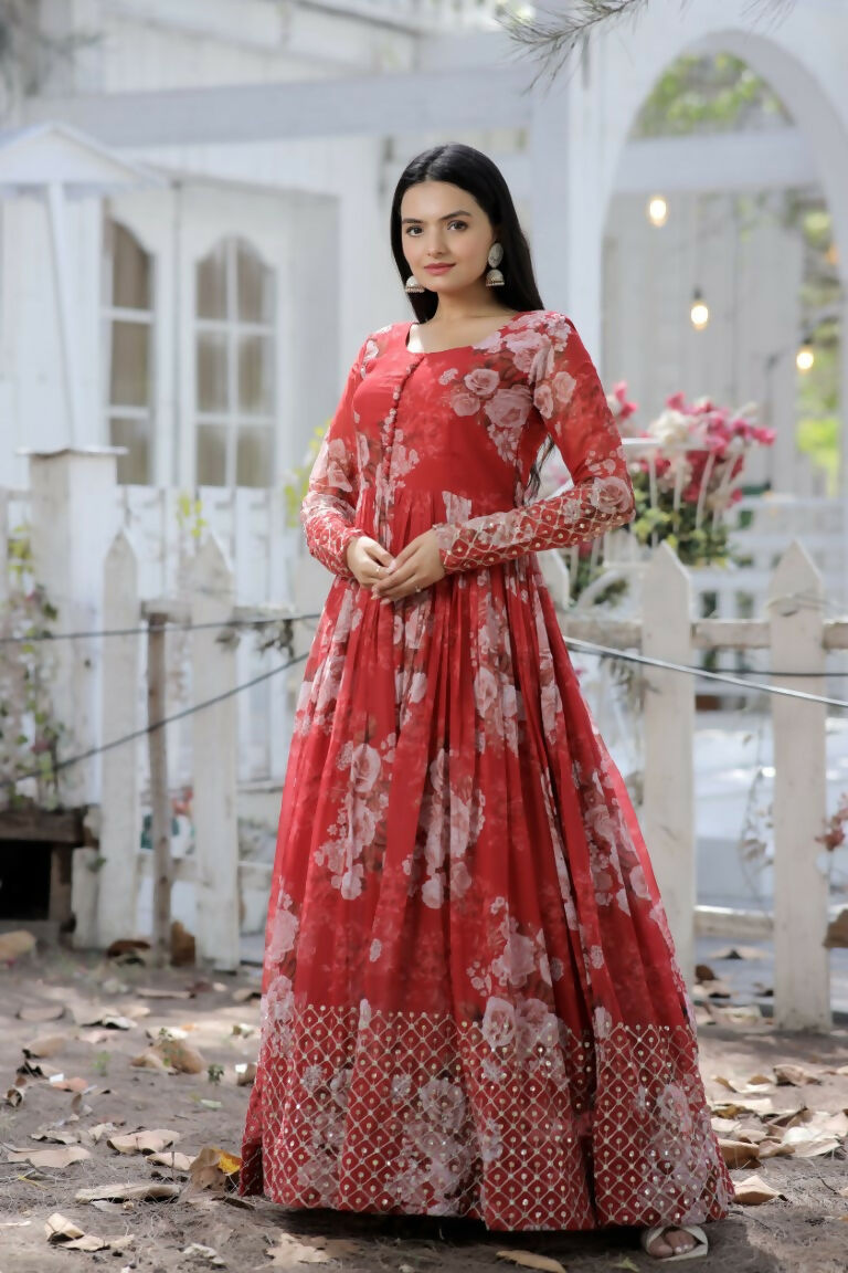 Jyoti Fashion Women's Red Sequence Zari Embroidered Faux Georgette Anarkali Dress | Grocsy