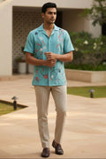 Serene — Aqua Embroidered Linen Shirt by Hilo Design | Grocsy