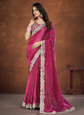 Pink Banarsi Crush Silk Embroidered Saree with stitched Blouse - Mohmanthan Saha Saki | Grocsy