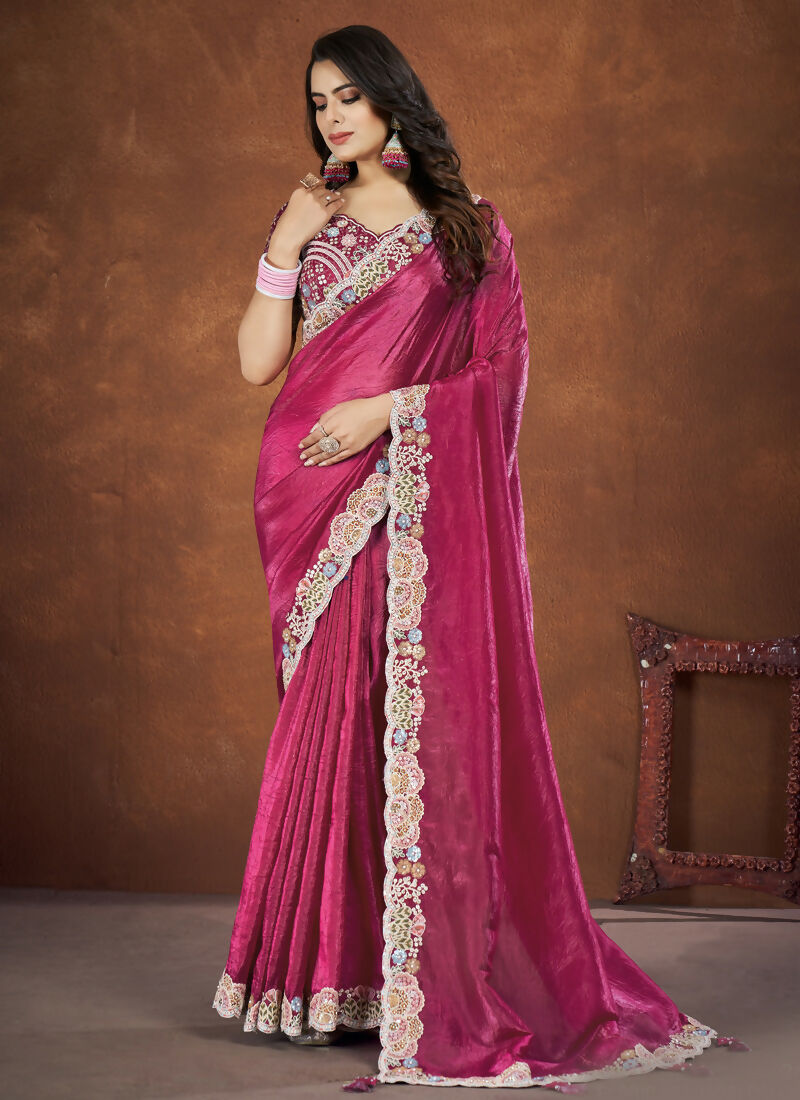 Pink Banarsi Crush Silk Embroidered Saree with stitched Blouse - Mohmanthan Saha Saki | Grocsy