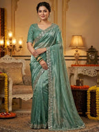 Joban Fashion Green Fandy Satin Silk Party Wear Sarees | Grocsy