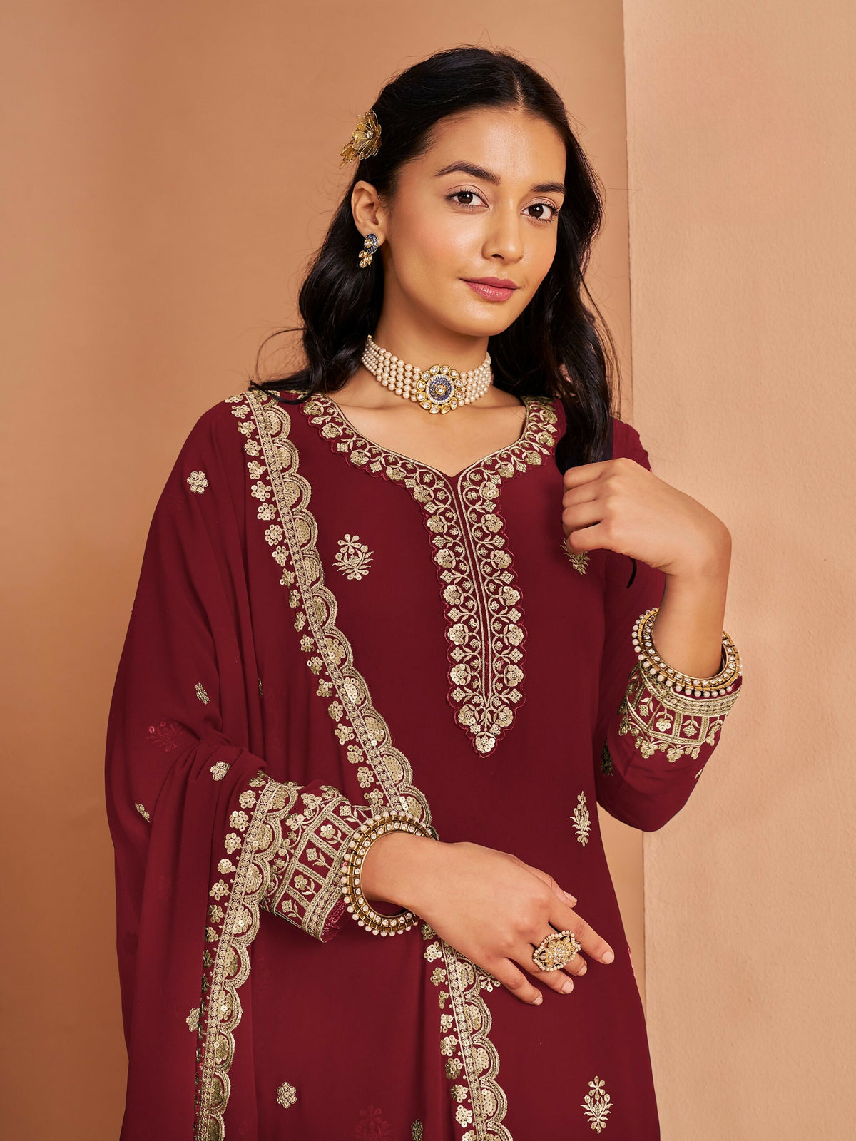 Anaita Maroon Premium Georgette Embroidered Stitched Salwar Suit | Grocsy