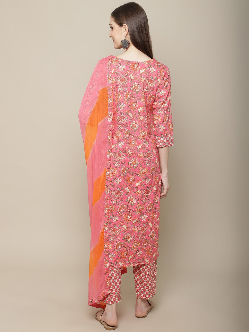Sangria Women Pink Floral Printed Pure Cotton Kurta with Trouser & Dupatta | Grocsy