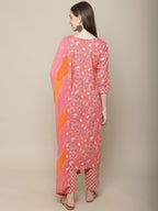 Sangria Women Pink Floral Printed Pure Cotton Kurta with Trouser & Dupatta | Grocsy