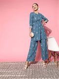 Sangria Women Blue Ethnic Motifs Printed Empire Pure Cotton Kurta with Palazzos | Grocsy