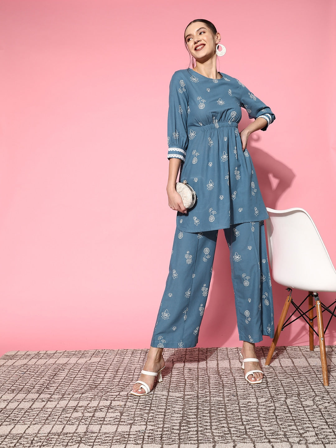 Sangria Women Blue Ethnic Motifs Printed Empire Pure Cotton Kurta with Palazzos | Grocsy