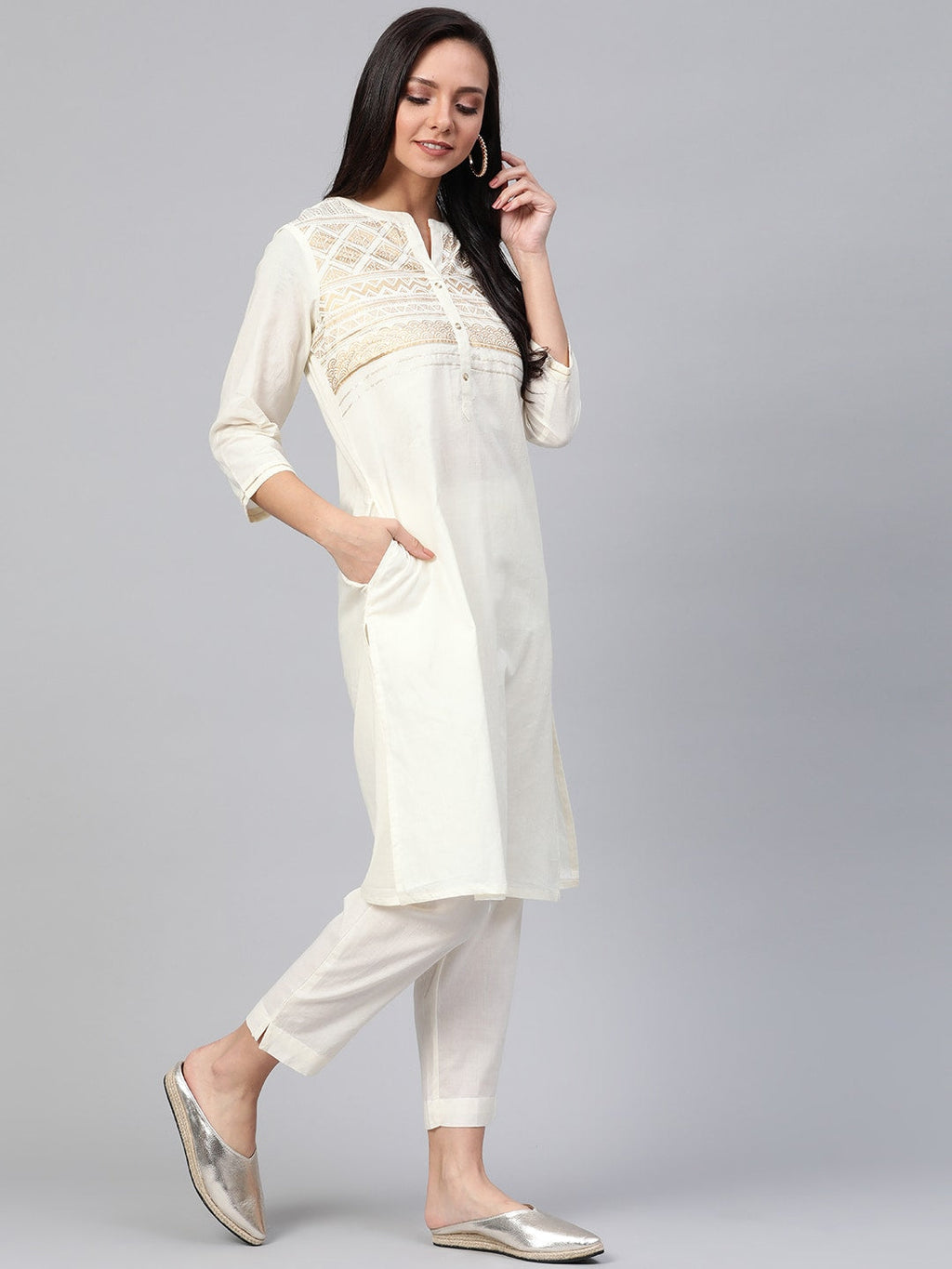 Sangria Women Off-White & Golden Yoke Design Kurta with Trousers | Grocsy
