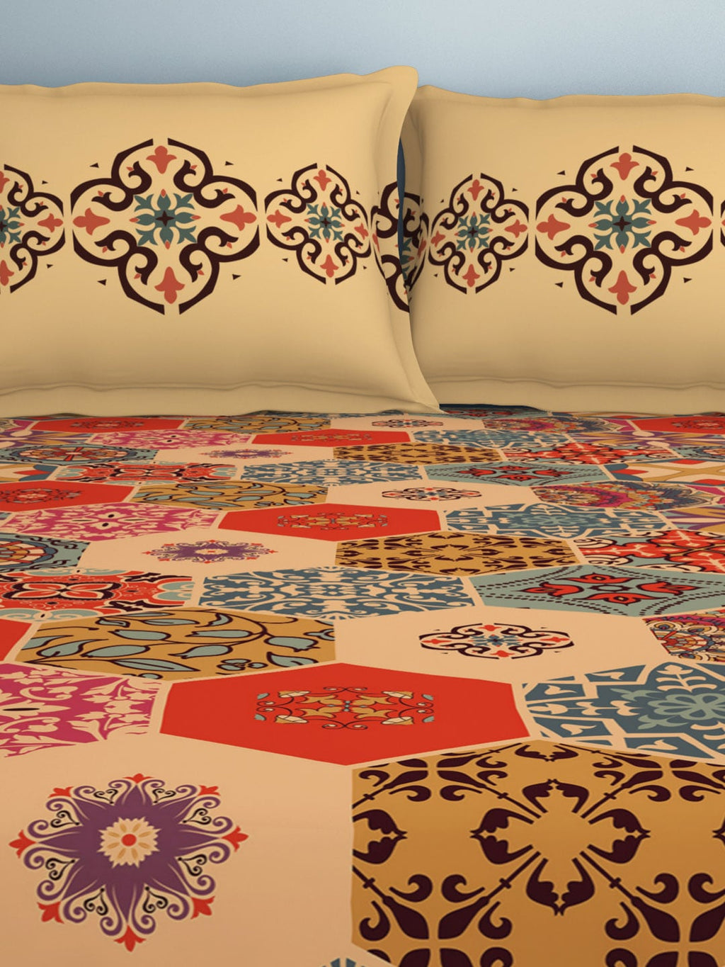 SPACES Aurum Orange Ethnic Motifs Pure Cotton 140 TC Queen Bedsheet with 2 Pillow Covers | Grocsy