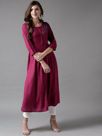 HERE&NOW Embroidered Wine Viscose Kurta | Grocsy