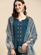 Sangria Women Teal Blue Embroidered Pure Cotton Kurta with Trousers & Dupatta | Grocsy