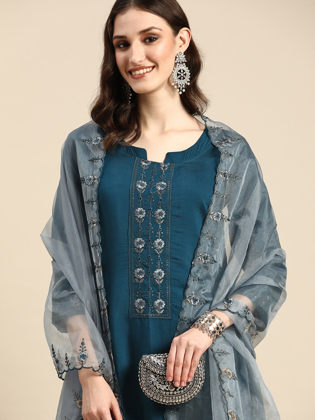 Sangria Women Teal Blue Embroidered Pure Cotton Kurta with Trousers & Dupatta | Grocsy