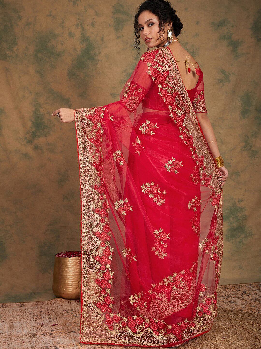 Sangria Ethnic Motifs Embroidered Net Saree | Grocsy