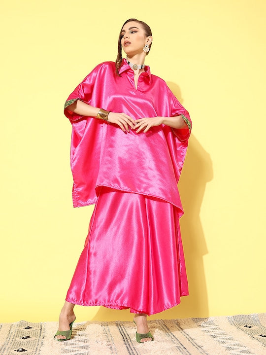 InWeave Women's Pink Green Brocade Satin Boho Kurta Palazzo Set | Grocsy