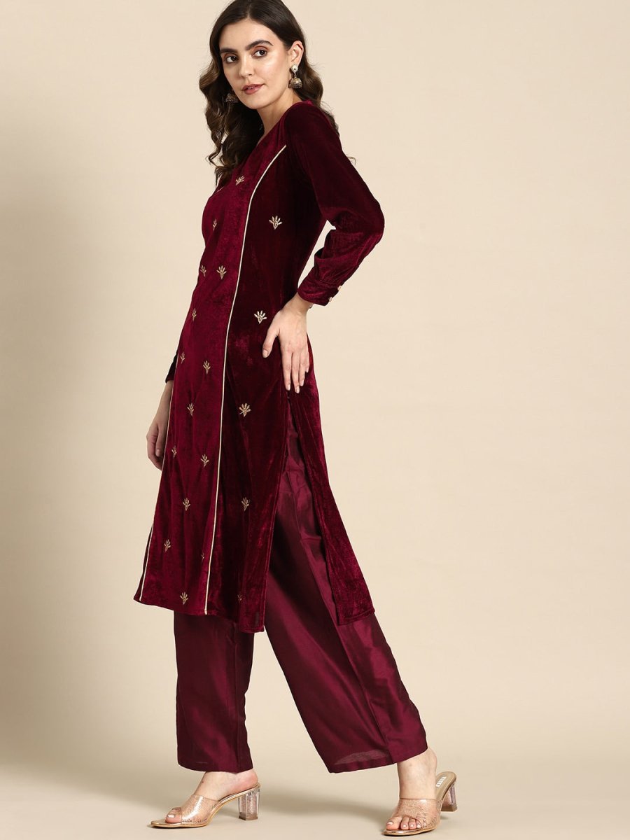 All About You Women Velvet Finish Woven Design Regular Kurta with Palazzos & Dupatta | Grocsy