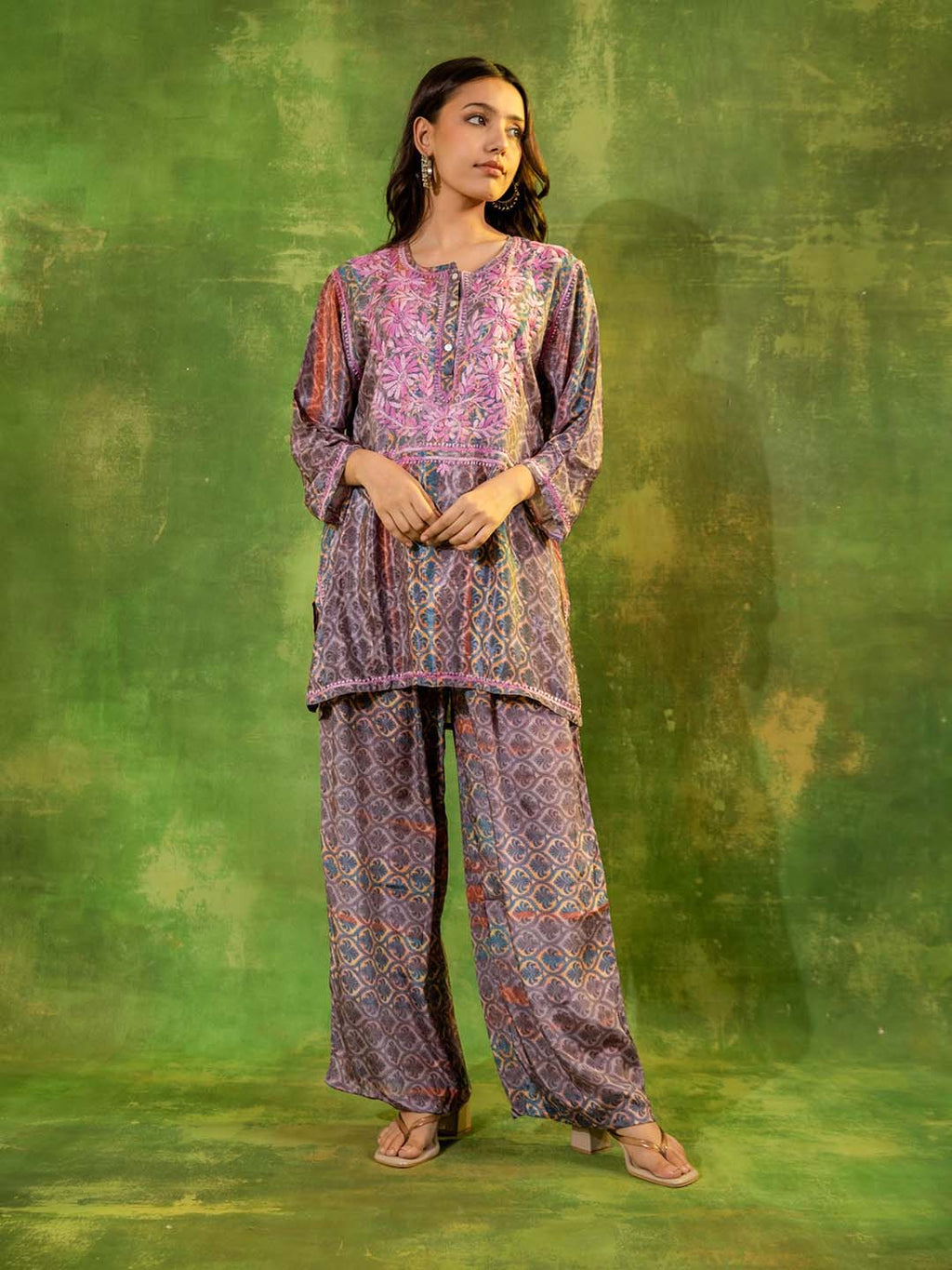 HOUSE OF KARI Floral Embroidered Regular Chikankari Straight Kurta with Palazzos | Grocsy