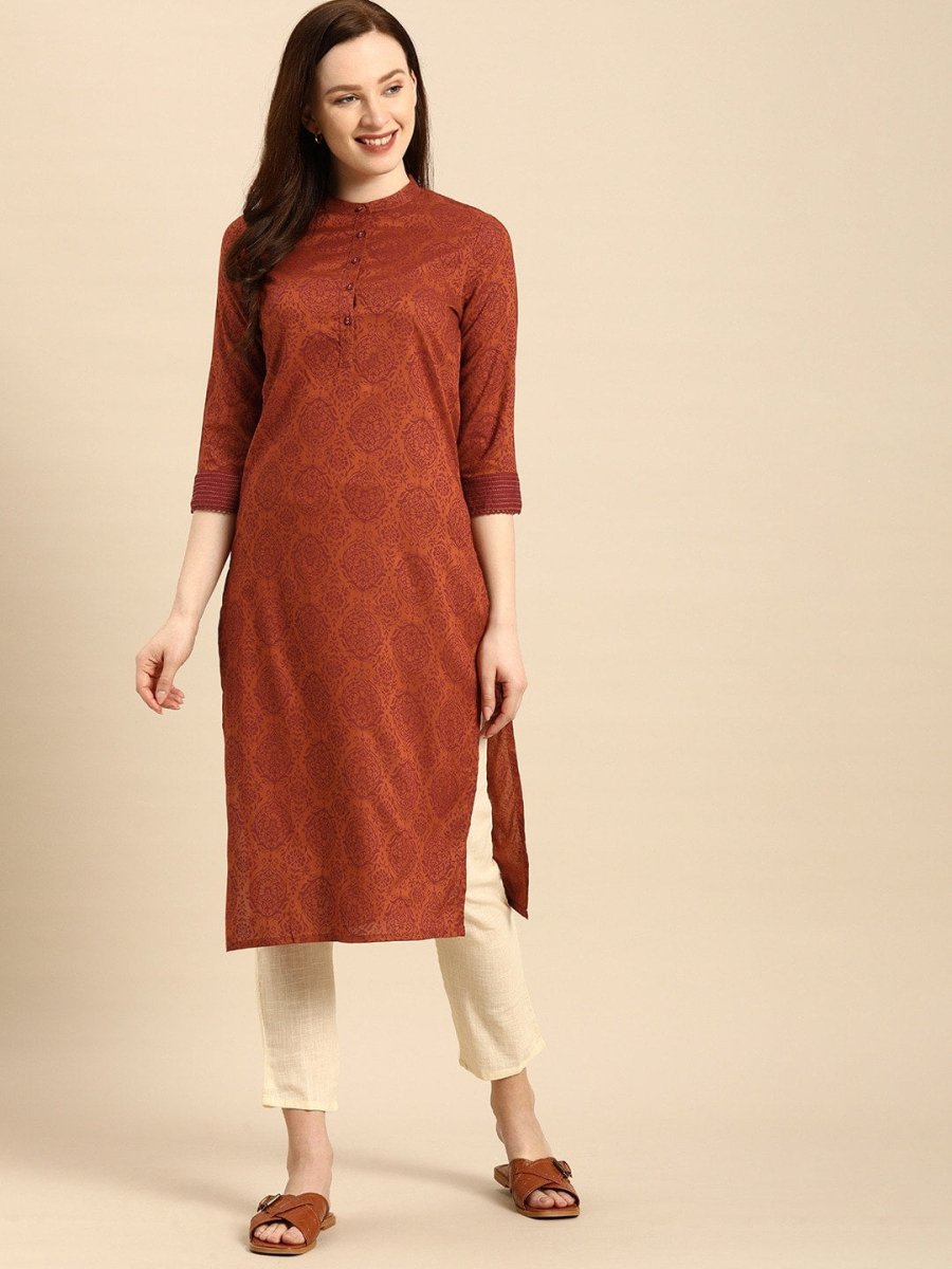 All About You Women Rust Brown Ethnic Motifs Printed Straight Kurta | Grocsy