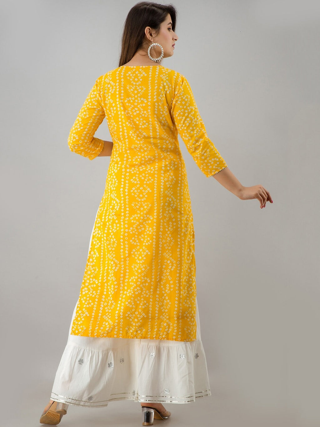HERE&NOW Yellow & White Bandhani Printed Gotta Patti Kurta with Sharara | Grocsy
