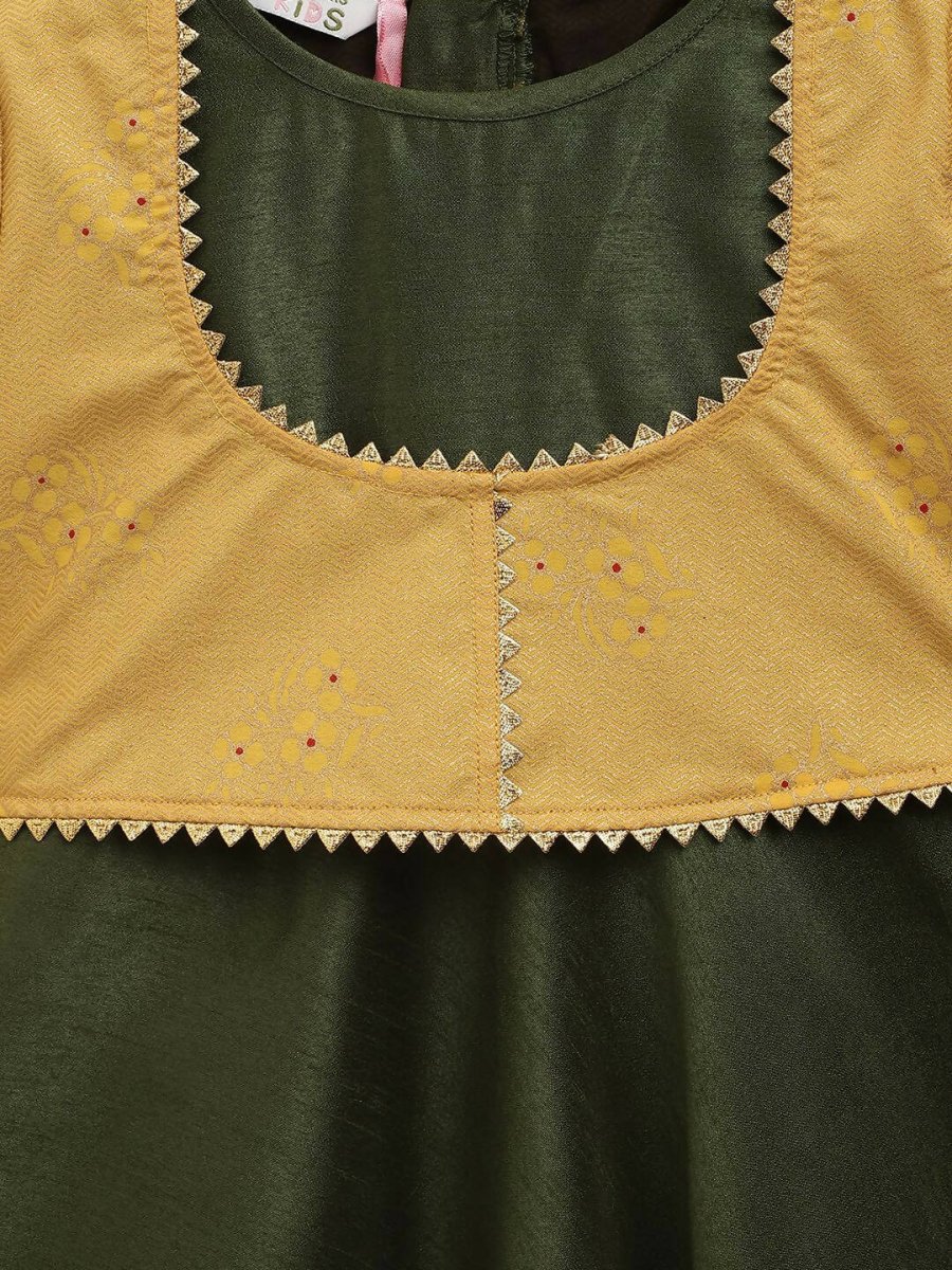Ahalyaa Green Poly Silk Solid Kids Kurta With Printed Jacket For Girls | Grocsy