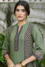 Juniper Green Ethnic Motif Printed Rayon calf length Kurta with Beads & Gota Work | Grocsy