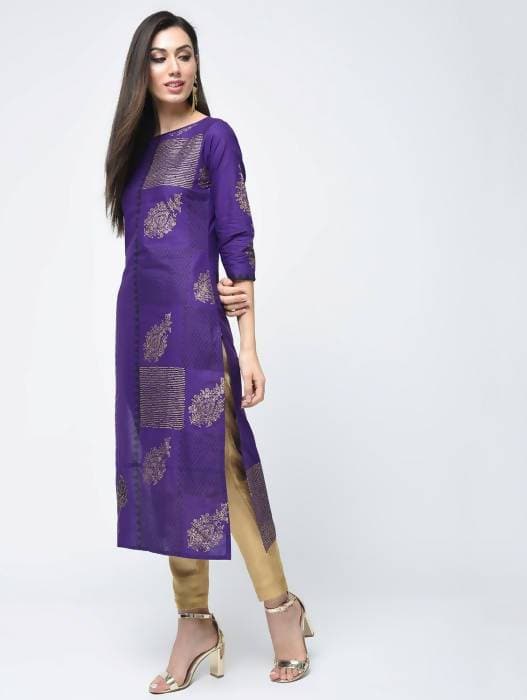 Aniyah Cotton Foil Printed Purple Straight Kurta (AN-134K) | Grocsy