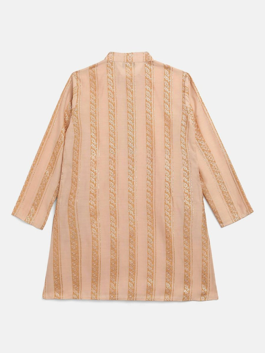 Ahalyaa Beige Chanderi Gold Foil Print Kids Kurta Churidar Set For Boys | Grocsy