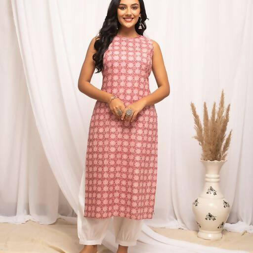 FIORRA Women's Floral Printed Pink Cotton Straight Kurta | Grocsy