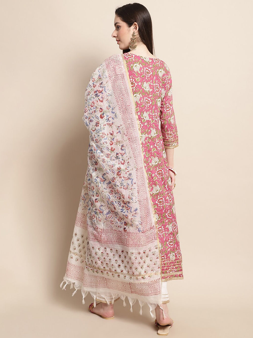 Sangria Pink Floral Printed Yoke Embroidered Pure Cotton Kurta With Trouser & Dupatta | Grocsy