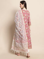 Sangria Pink Floral Printed Yoke Embroidered Pure Cotton Kurta With Trouser & Dupatta | Grocsy
