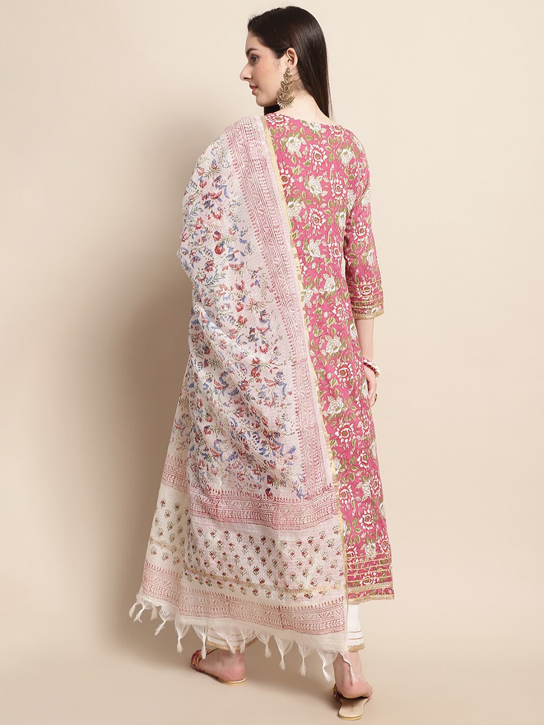 Sangria Pink Floral Printed Yoke Embroidered Pure Cotton Kurta With Trouser & Dupatta | Grocsy
