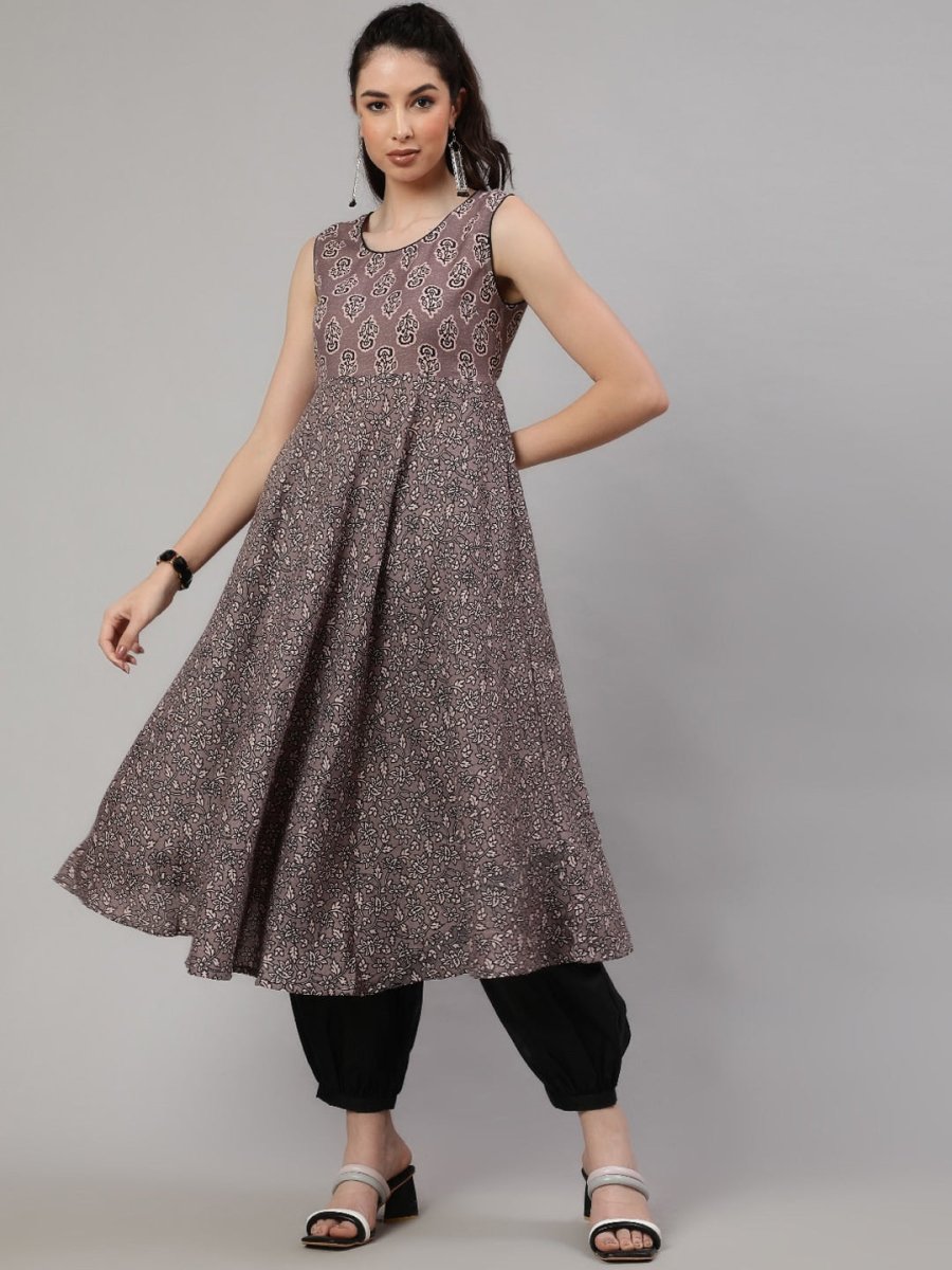 Aks Floral Printed Round Neck Anarkali Kurta & Salwar | Grocsy