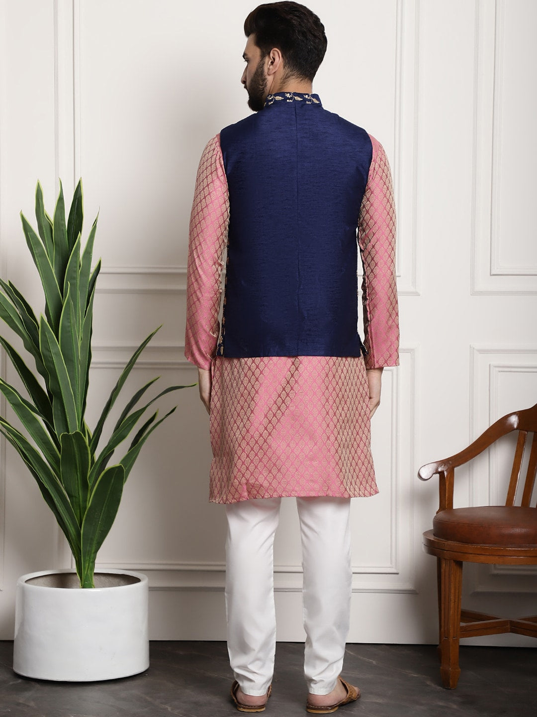 Sojanya Woven Design Mandarin Collar Kurta with Churidar & Nehru Jacket | Grocsy