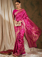 Sangria Pink & Gold-Toned Floral Woven Design Zari Banarasi Saree | Grocsy